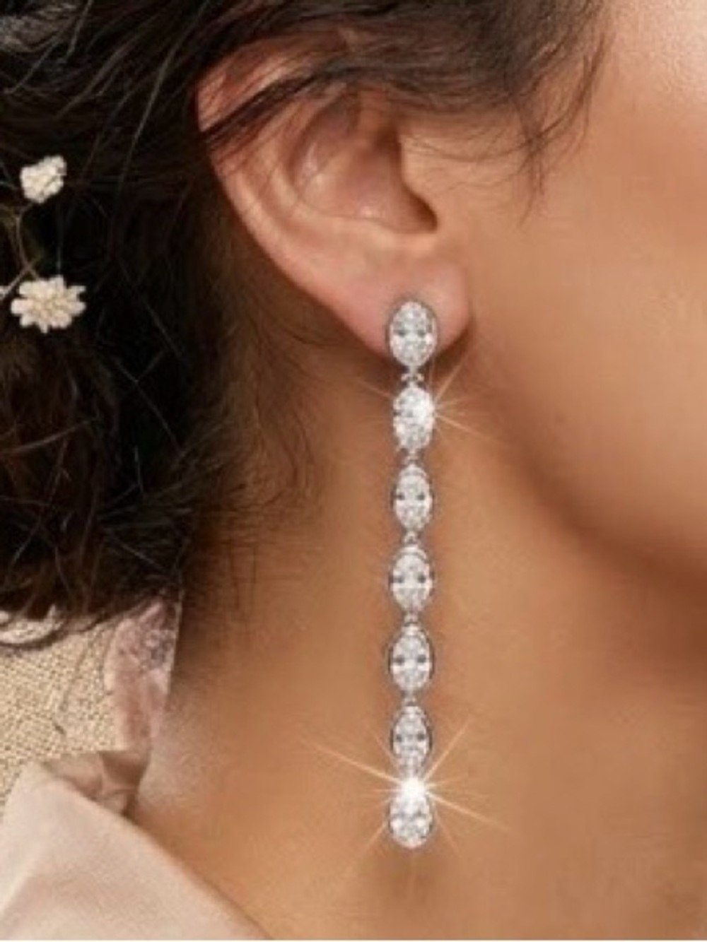 NWT Elegant CZ Silver Linear Bezel Set 2 Inch Teardrop “Tennis” Style Earrings